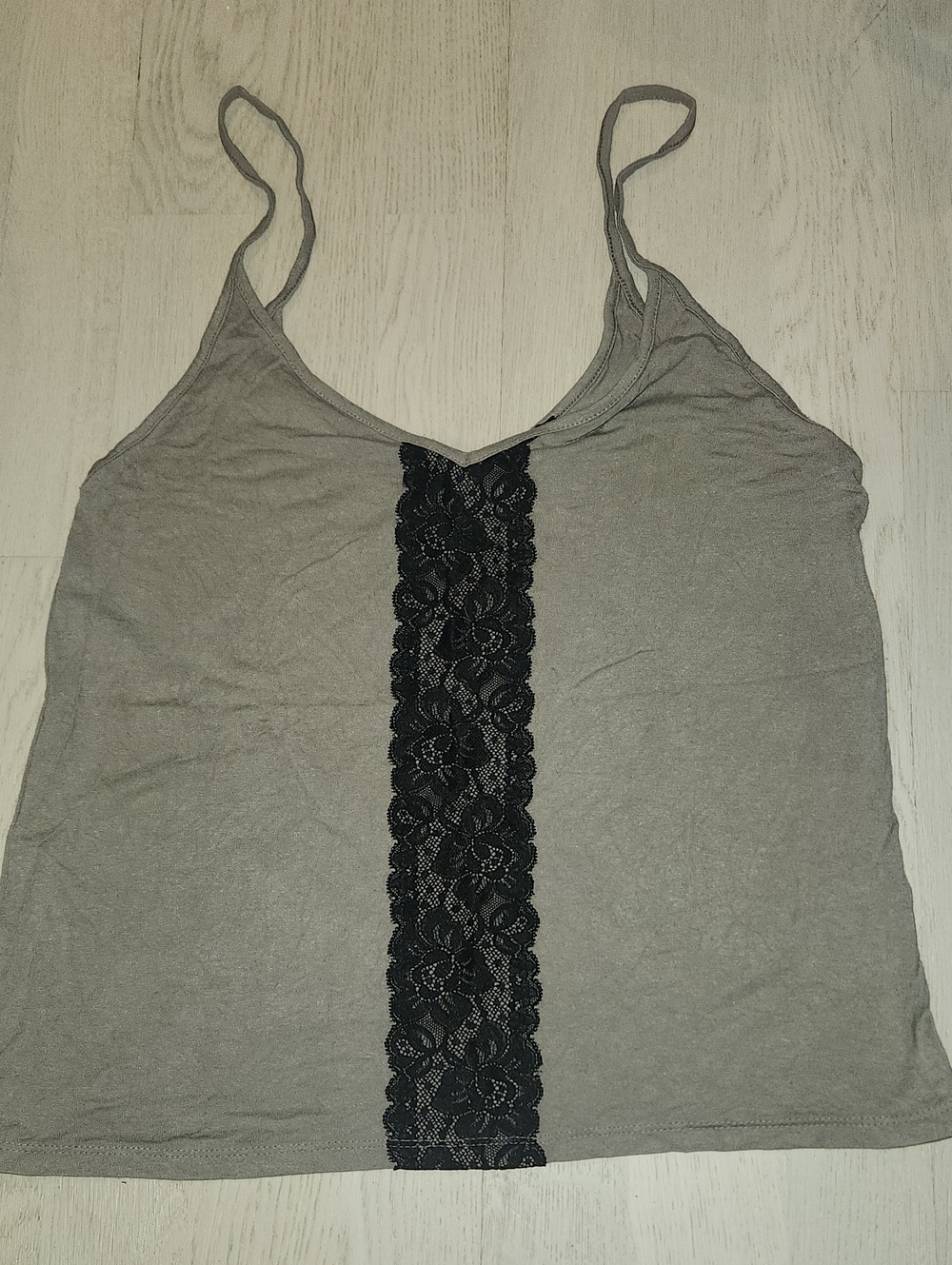 Women's Olive Gray Spaghetti Strap Tank with Black Lace Trim